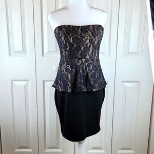 DEB Strapless peplum dress one size beige w black lace overlay and black skirt.